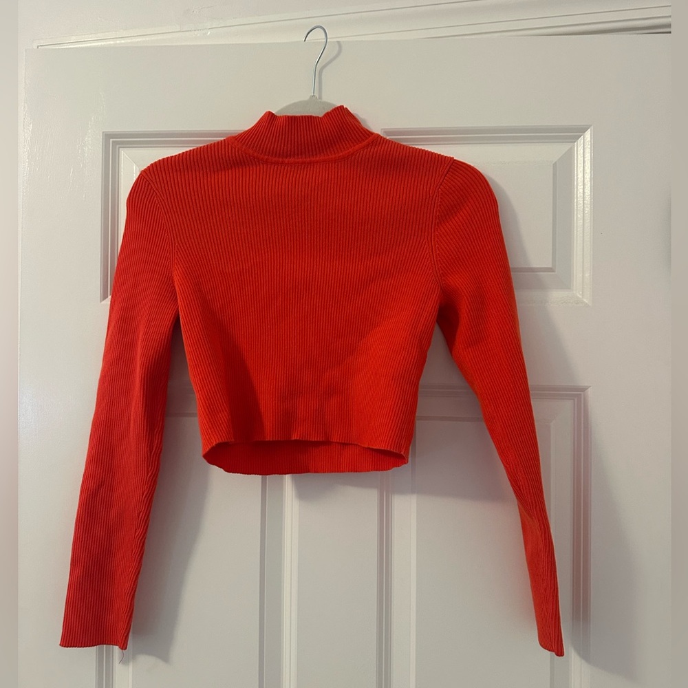 Red Ribbed Long Sleeve Crop Top